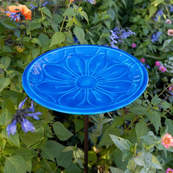 12 in. Blue Delphinium Lolly Birdbath with Stake, Solid Brass, Outdoor Glass, Enamel Finish