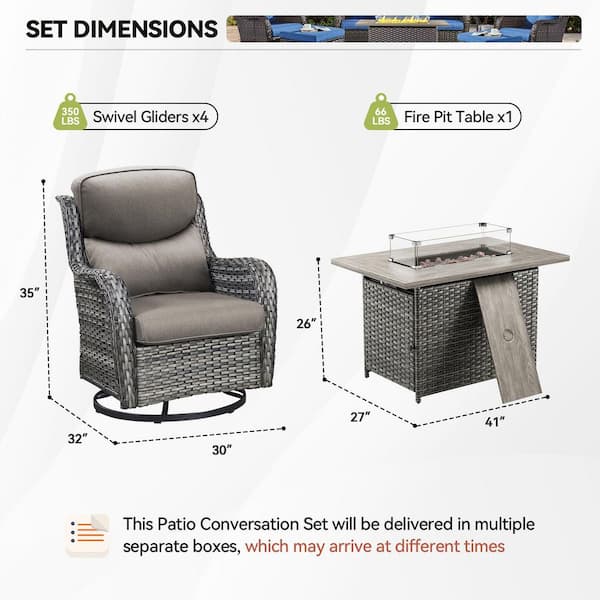 LunaCurve 5-Piece Gray Wicker Fire Pit Conversation Set with 5 in. Gray Cushions and Swivel Glider Rocking Chairs