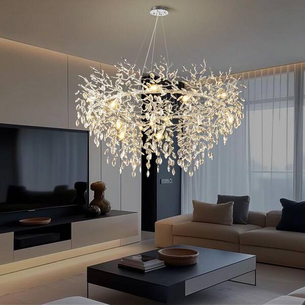 PUYRNF 47.2 in. 16-Light Modern Branch Crystal Chandelier, Silver