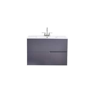 36 in. W x 18 in. D x 24 in. H Dark Gray Modern Wall Mounted Bathroom Vanity with White Porcelain Sink Top