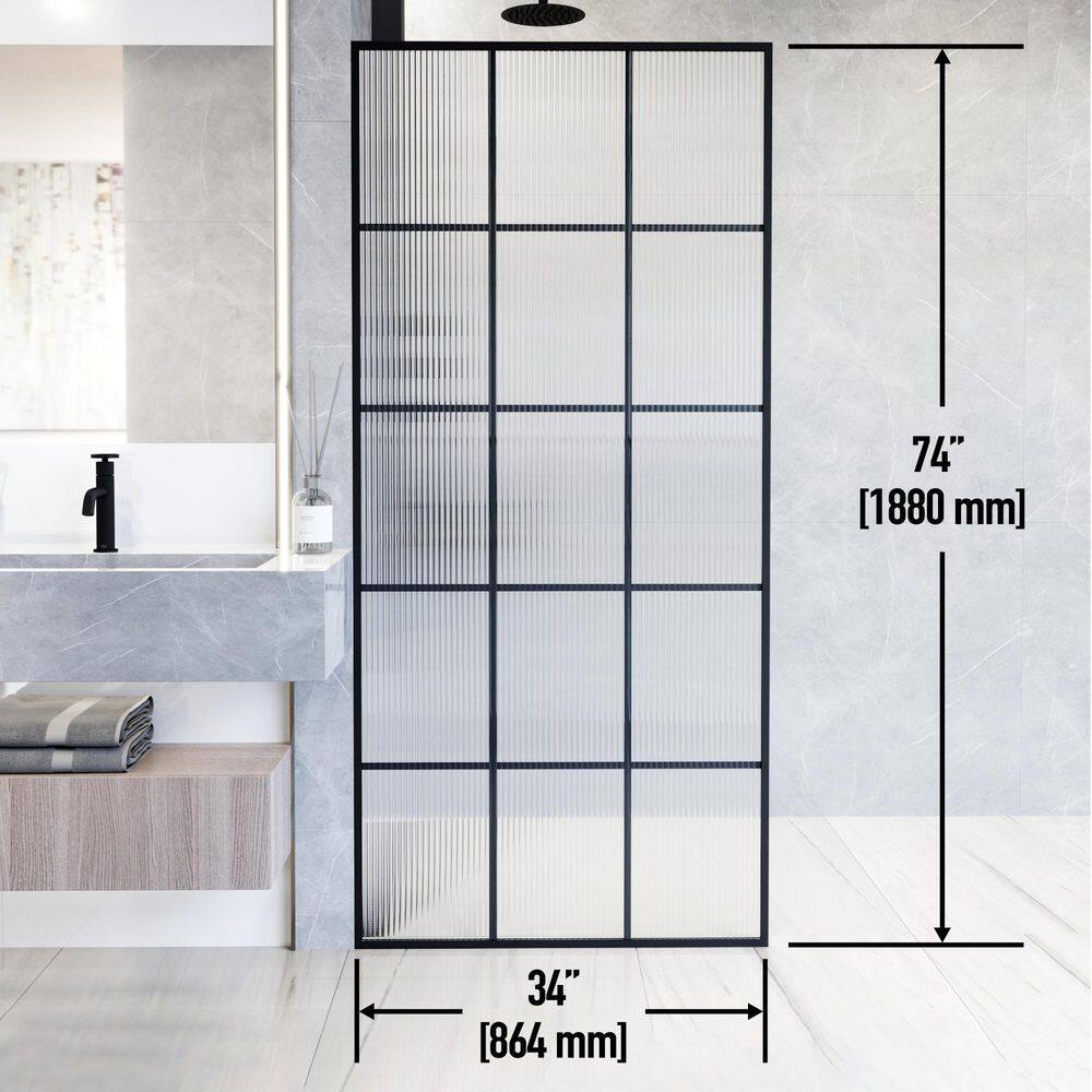 Mosaic Matte Black 34" x 74" Fluted Glass Shower Screen