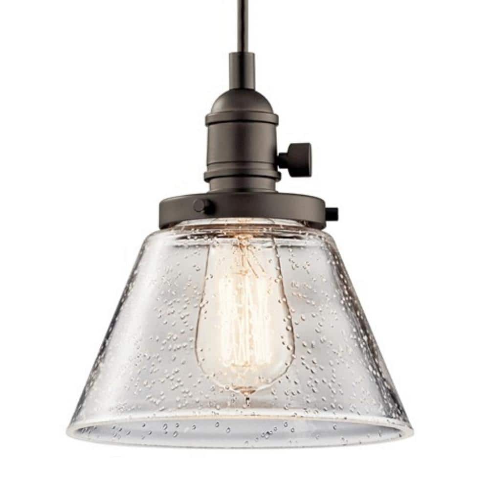 Avery Distressed Bronze 8.75" Mini Pendant with Clear Seeded Glass