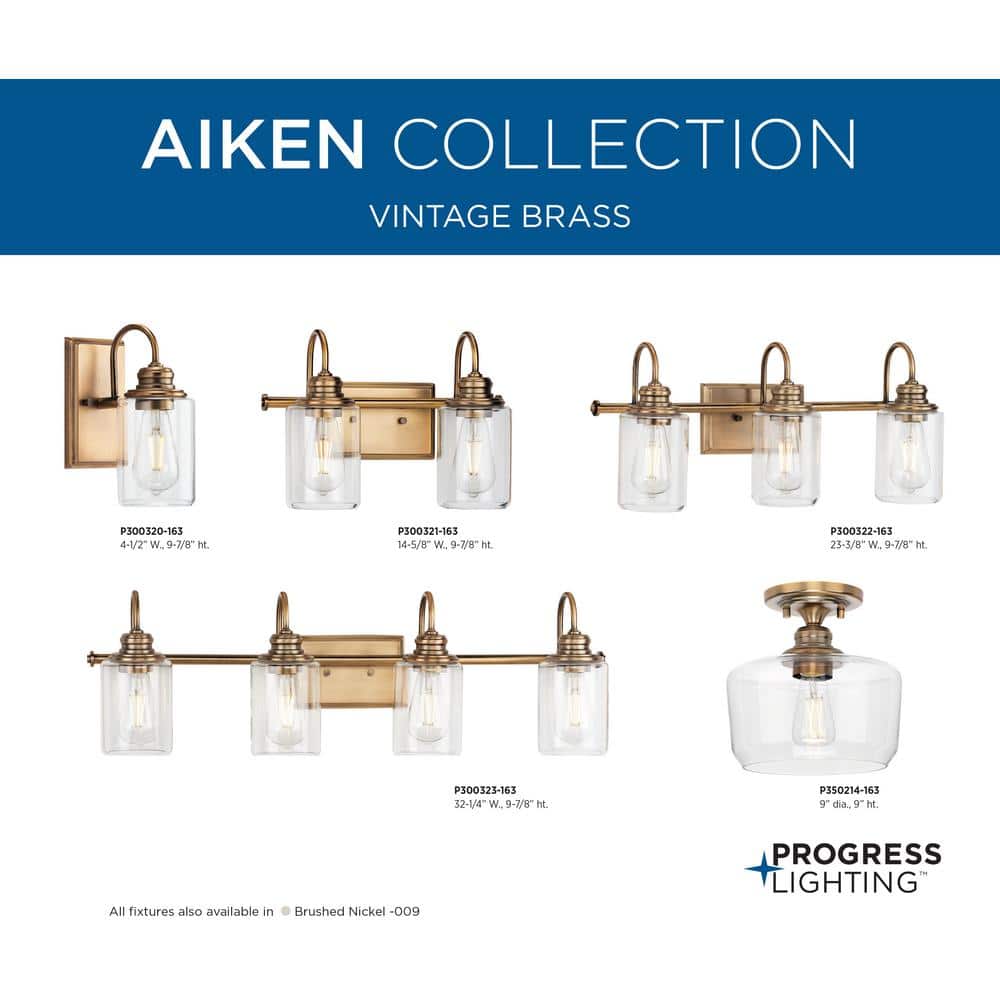 Aiken Vintage Brass 4-Light Bath Vanity with Clear Glass Shades