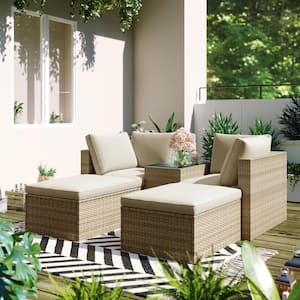 5-Piece Brown Wicker Outdoor Sectional Set with Beige Cushions