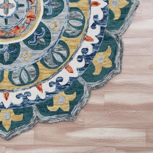Suzy Radiant Teal/Gray 6 ft. Round Hand Hooked Mandala Medallion Wool Area Rug
