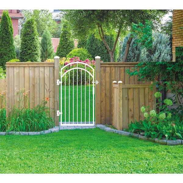 Glossy White Arched Benitoite Steel Gate (33 in. W x 56 in. H) with Self-Close Hardware, Double-Sided Handle, 2x2 Hinges