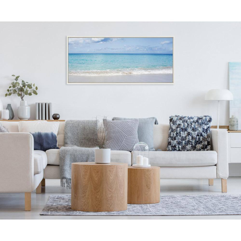 Wide Ocean Beach Landscape White Framed Canvas Art, 18x40