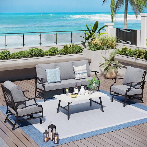 PHI VILLA 5 Seat 4-Piece Metal Steel Outdoor Patio Conversation Set with Rocking Chairs, Gray Cushions and Marble Pattern Table