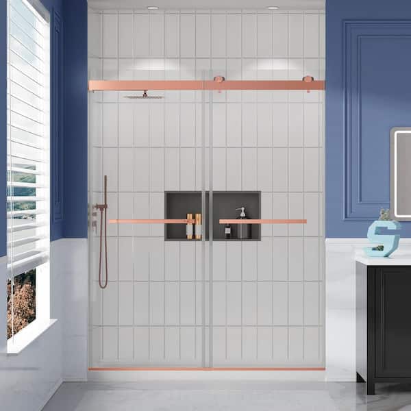 56 to 60 in. W x 75 in. H Sliding Semi Frameless Soft Close Shower Door with Explosion Proof Glass, Brushed Rose Gold