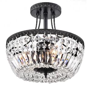 Holly 11.8 in. 3-Light Antique Black Crystal Basket Flush Mount