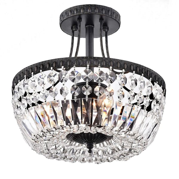 Jojospring Holly 11.8 in. 3-Light Antique Black Crystal Basket Flush Mount