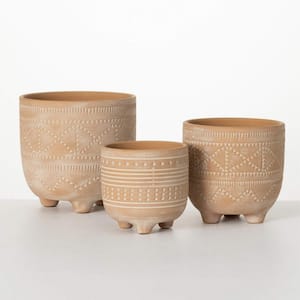 7.5 in., 6.5 in., and 5.25 in. Etched Footed Indoor/Outdoor Pot Set of 3