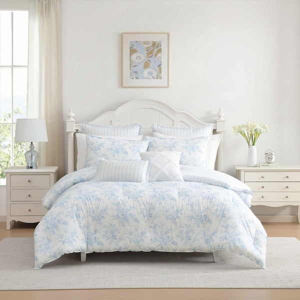 Annalise Floral 7-Piece Light Blue Cotton Full/Queen Comforter Set
