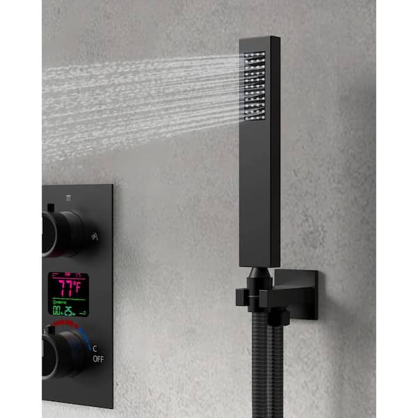 Smart Temperature Shower Kits 3-Spray Dual Ceiling Mount 12 in. Fixed and Handheld Shower Head 2.5 GPM in Matte Black