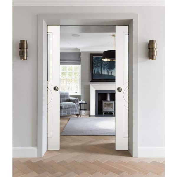 7012 56 in. x 80 in. White Finished MDF Sliding Door with Double Pocket Hardware