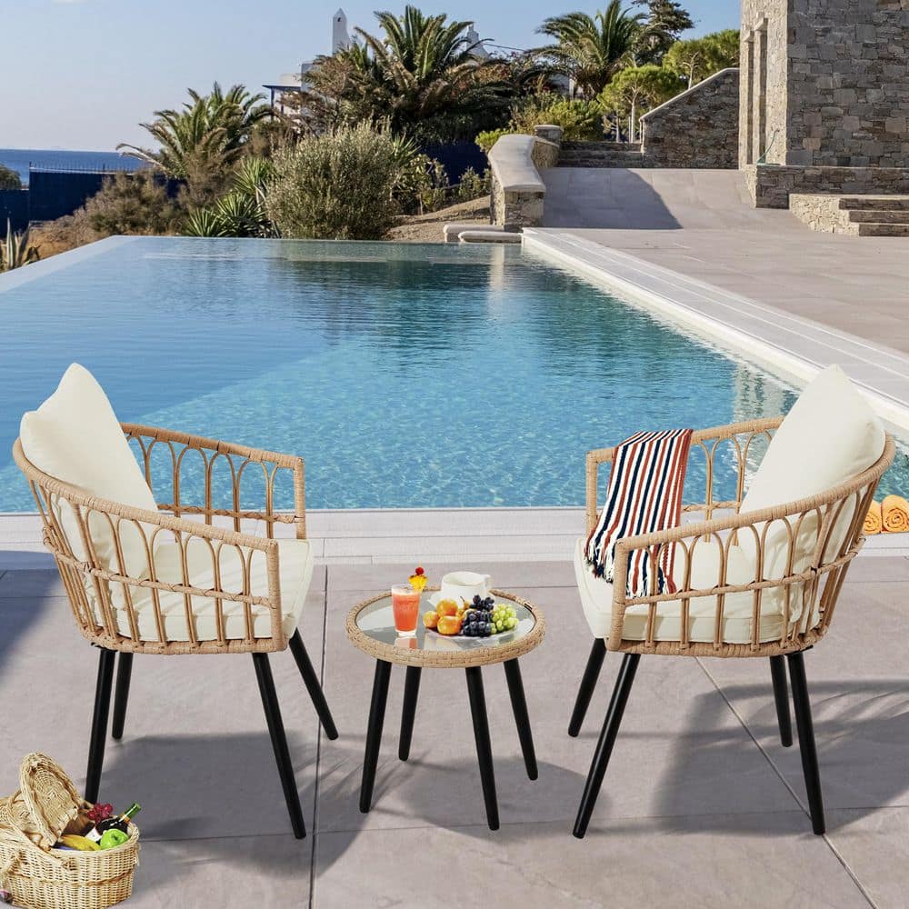 Affordable 3-Piece Wicker Outdoor Bistro Conversation furniture Set with Off-White Cushion and Round Glass Table price history on PriceWatchPro