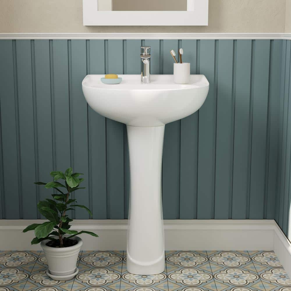 White Ceramic U-Shaped Pedestal Bathroom Sink with Overflow