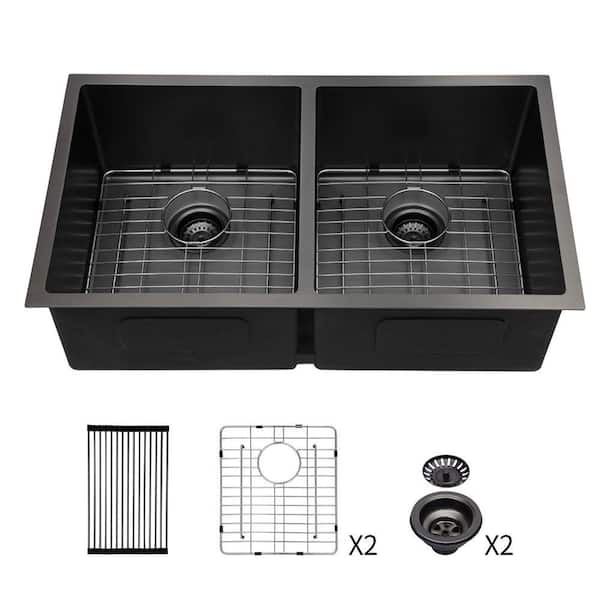 33 in. Undermount Double Bowl(50/50) 16 Gauge Gunmetal Black Stainless Steel Kitchen Sink with Drain