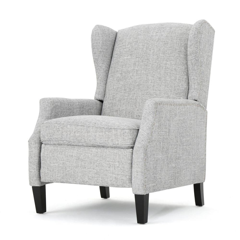 Light gray fabric upholstered wingback recliner.