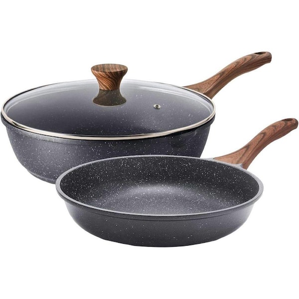 2-Piece Granite Nonstick Frying Pan Set Cast Aluminum Stay-Cool Handle Induction Compatible Easy-Clean Cookware