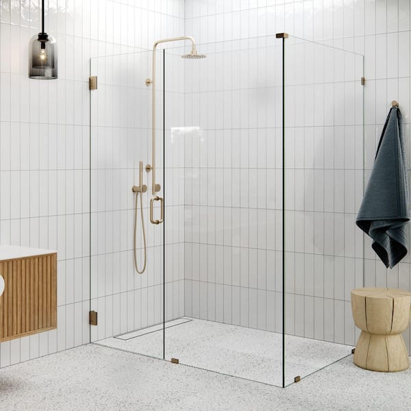 60 in. W x 43.5 in. D x 78 in. H Pivot Frameless Corner Shower Enclosure in Brushed Bronze Finish with Clear Glass