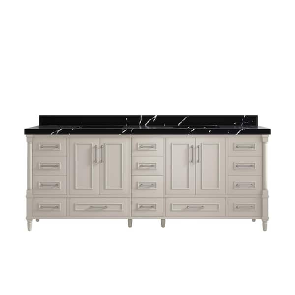 Willow Collections Hudson 84 in. W x 22 in. D x 36 in. H Double Sink Bath Vanity in Fine Grain with 2 in. Calcutta Black Qt. Top