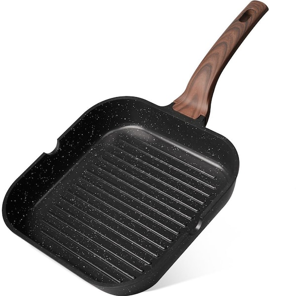 Nonstick Grill Pan 9.5 in. Die-Cast Aluminum Black Indoor Griddle with Pour Spouts for All Stove Types