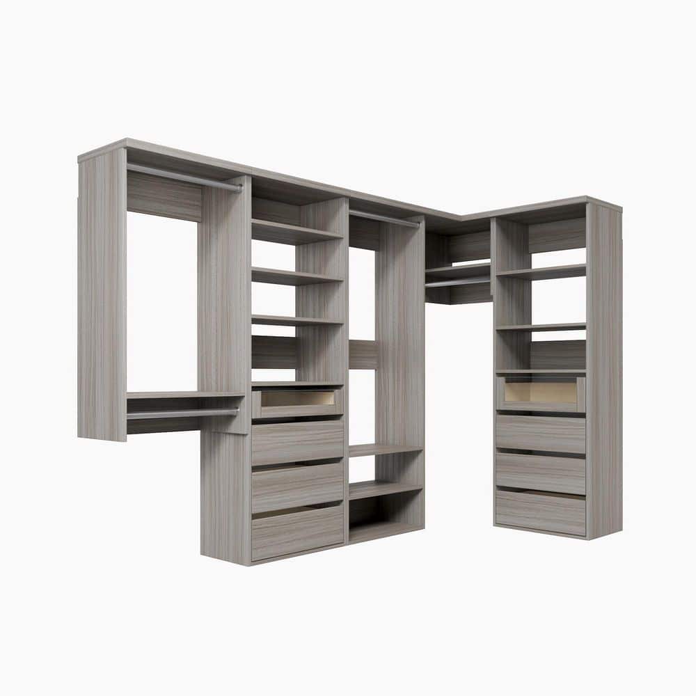 191.5 in. W Grey Oak Walk-in Wall-Mount 4-Rod 8-Reveal-Drawers 10-Shelf Wood Closet System