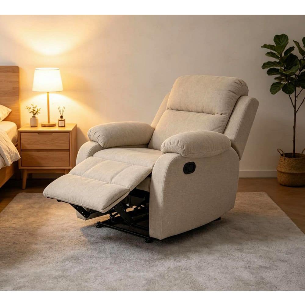 Ancient White Manual Recliner Chair Chenille Fabric Reclining Sofa Chair Adjustable 110°-170° Recliner