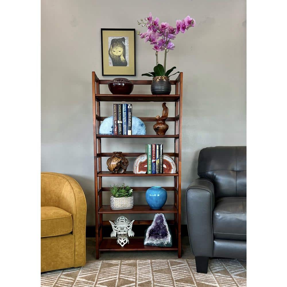 27.5 in. Wide Mahogany Lacquered Finish 5-Shelf Folding Etagere Bookcase