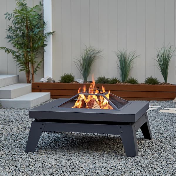Real Flame Breton 37 in. x 20 in. Square Steel Wood-Burning Fire Pit in Gray with Spark Screen and Protective Cover
