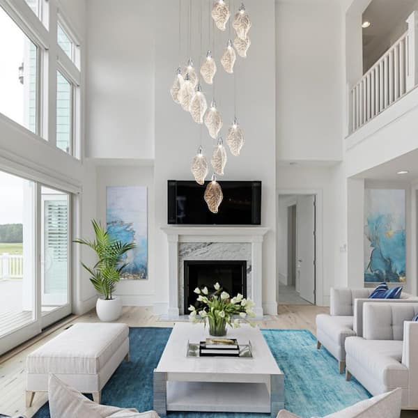 Modern 78 in. H 14Light Integrated LED Silver Crystal Staircase Chandelier Bionic Leaf High Ceiling LED Lighting Fixture