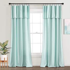 Modern Faux Linen Embroidered Edge With Attached Valance Window Curtain Panels Blue 52X84 Set