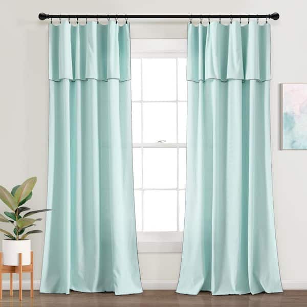 HOMEBOUTIQUE Modern Faux Linen Embroidered Edge With Attached Valance Window Curtain Panels Blue 52X84 Set