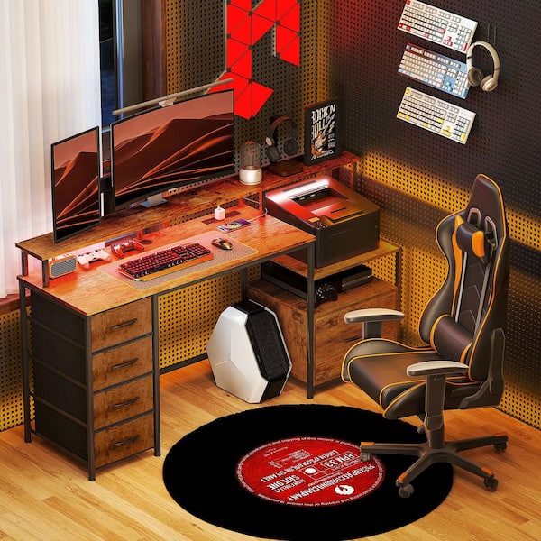 HOMCOM 66.9 in. Rectangular Rustic Brown Computer Desk with Drawers, Shelves, and USB Charging Station