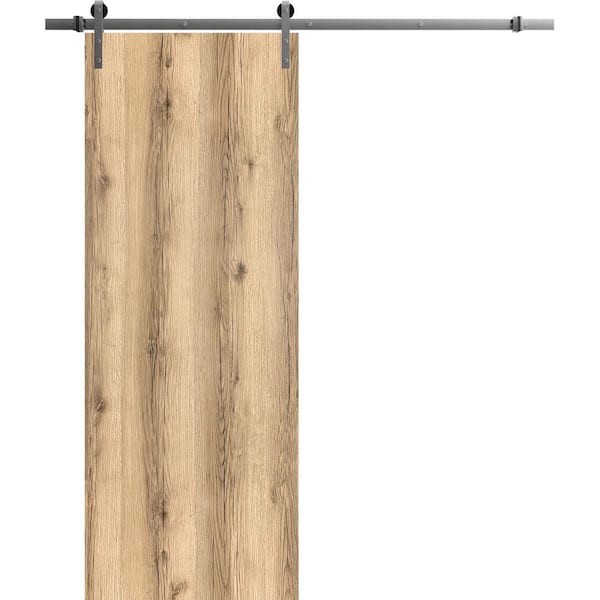 Sartodoors 0010 18 in. x 80 in. Flush Oak Finished Wood Sliding Barn Door with Hardware Kit Stainless