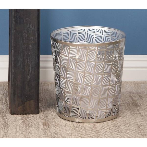 Litton Lane 10 in. Gray and Silver Cylindrical Metal Waste Can with Ogee Pattern Cut-Outs