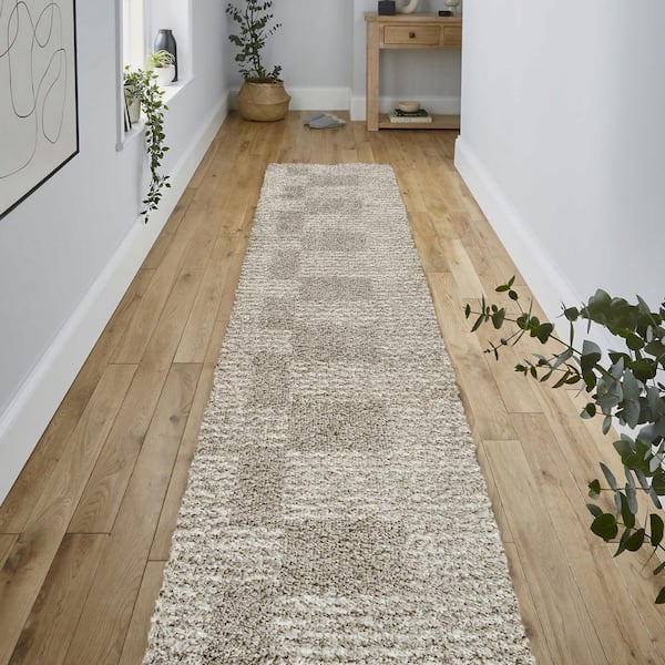 Petra Abstract Stripe Geometric Shag Gray/Ivory 2 ft. x 8 ft. Runner Rug