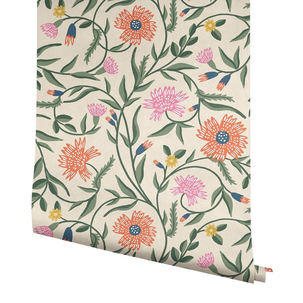 Coral Floral Non-Pasted Washable Wallpaper with Metallic Accents