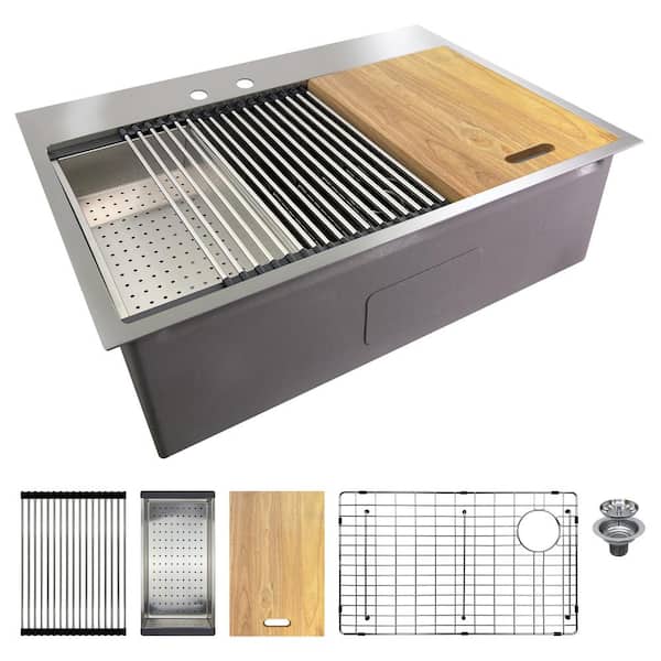 Transolid Workstation 30 in. Drop-in Single Bowl Stainless Steel 2-Hole Kitchen Sink with Accessories