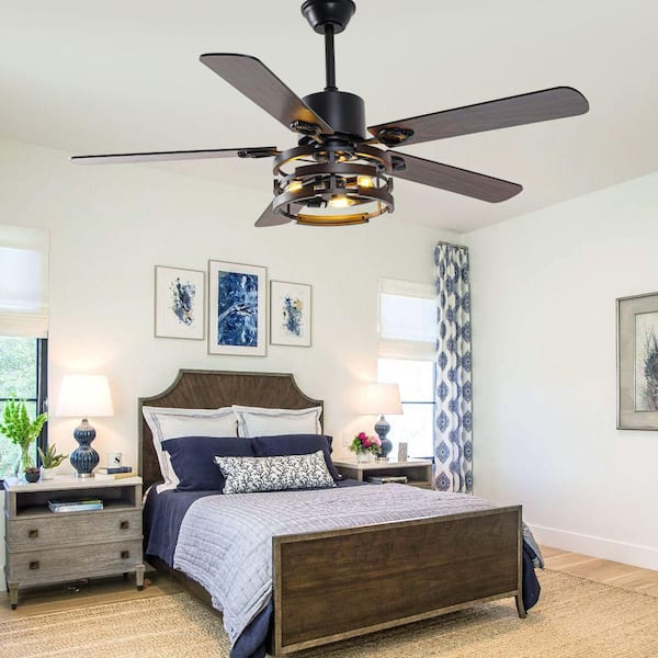 Terre 52in. Indoor Standard Black Downrod Modern Industrial Ceiling Fan w/Light, Reversible 6-Speed Ceiling Fan w/Remote