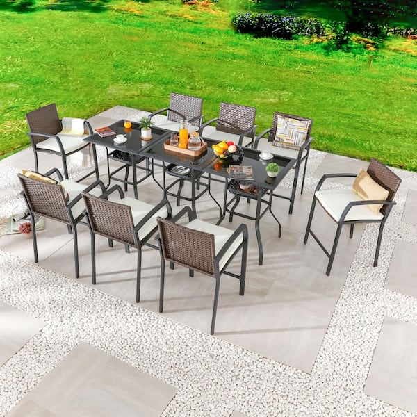 11-Piece Wicker Bar Height Outdoor Dining Set with Beige Cushions