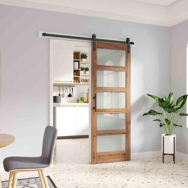 32 in. x 84 in. 5-Lite Frosted Glass Brown Finished Solid Wood MDF Assembly Required Sliding Barn Door with Hardware Kit