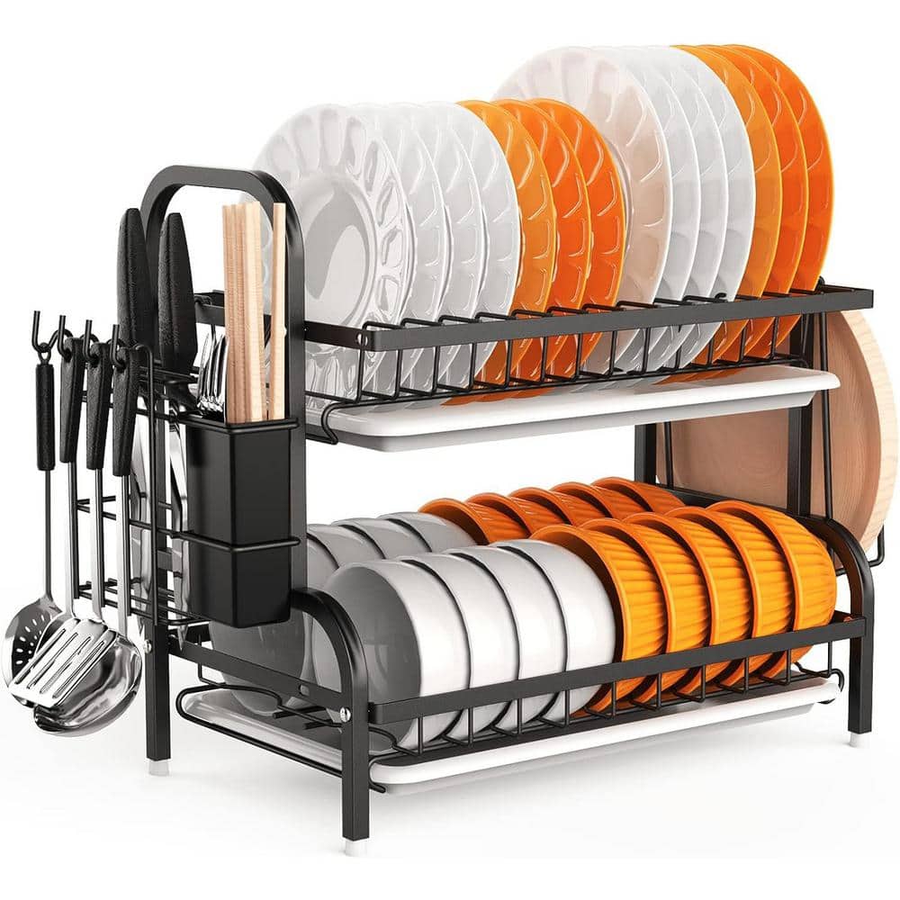 Silver and Black Drying Dish Rack Detachable 2 Tier Dish Rack with  Drainboard for Kitchen Counter