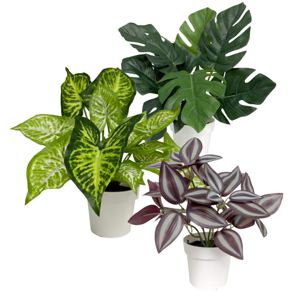 White Potted Silk Faux Plant Set with Green and Purple Leaves