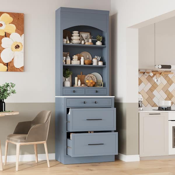 Unbranded Modern Gray Pantry Faux Marble Top Cabinet Freestanding Tall Kitchen Hutch with 5 Storage Drawers and Adjustable Shelf PCW 12201