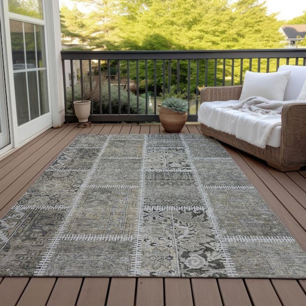 Taupe, Beige, Tan 3 ft. x 5 ft. Woven Plaid Polyester Rectangle Indoor/Outdoor Area Rug