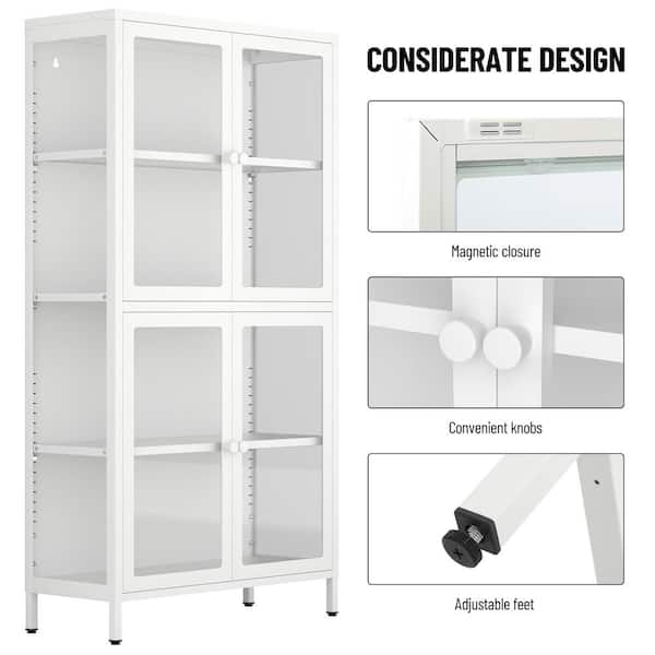 Unbranded 31.5 in. W x 12.6 in. D x 59 in. H Steel Metal White Linen Cabinet with Glass Doors and Adjustable Shelves