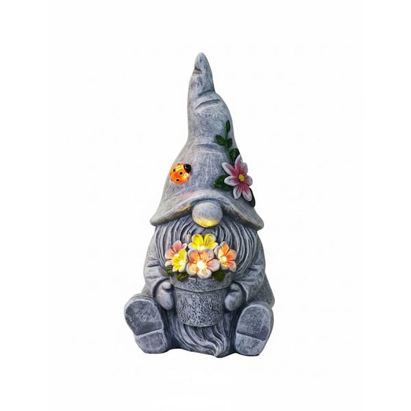 Sitting Dwarf Embraces Flower Series 9.06 in. Grey Outdoor Solar Dwarf Statue with LED Light, Single Pack