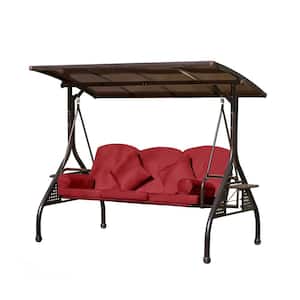3-Person Metal 3-in-1 Convertible Outdoor Patio Porch Swing with Red Thicken Cushion, Pillows and Cup Holders